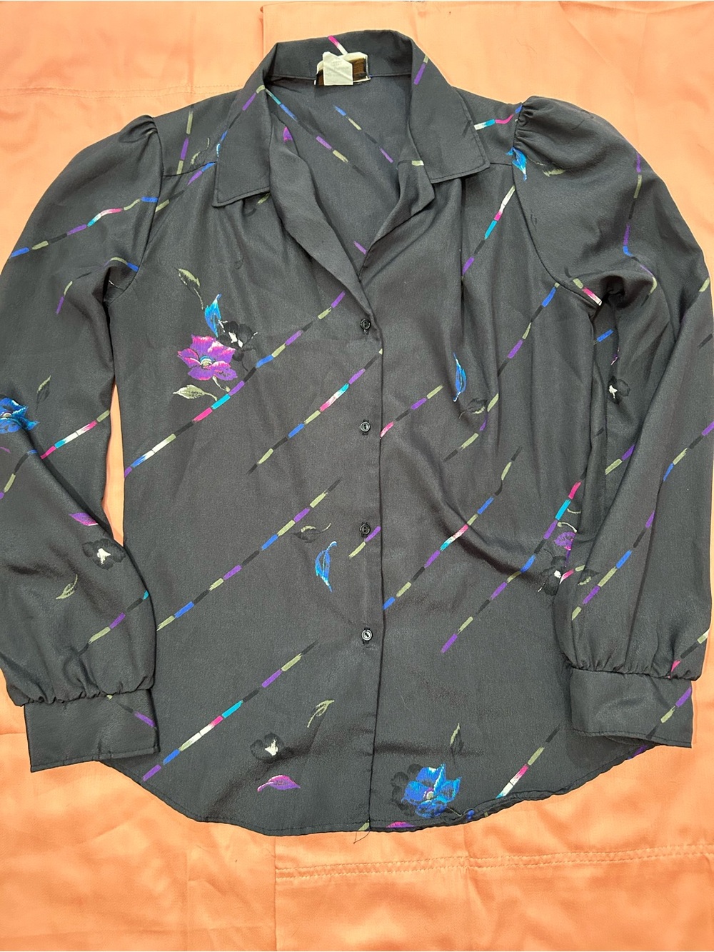 Vintage Black Floral Button-Up Blouse with Diagonal Stripes